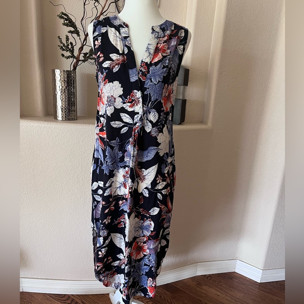Black Multicolor Floral Split Neck Sleeveless Hi Lo Dress Small Side Slits